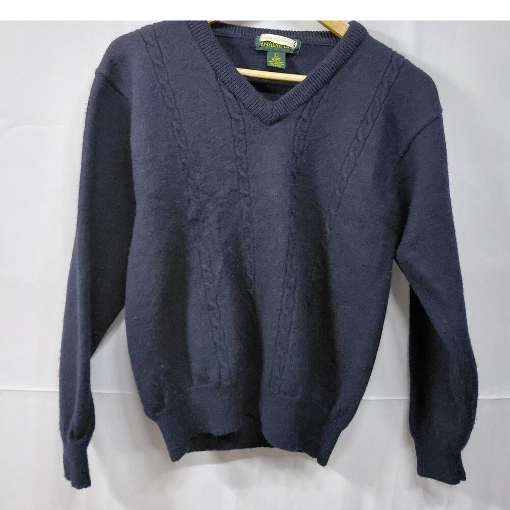LD8 MAINE BAY Wool V-Neck Sweater Navy Solid Knit 100% Wool Men Size L